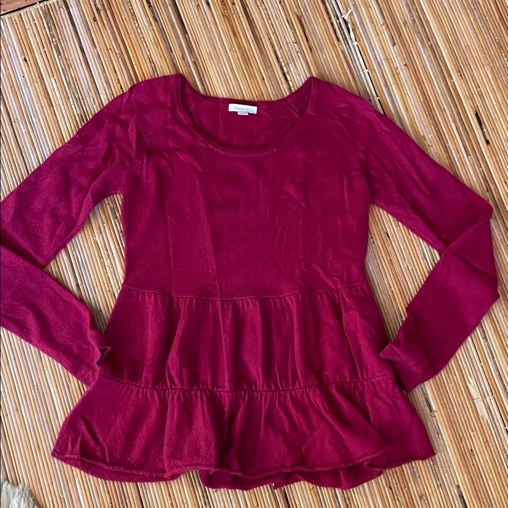 Garnett hill magenta red cashmere sweater with tiered ruffle